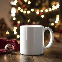 AI generated Christmas Elegance, Blank White Mug Mockup in Festive Setting photo