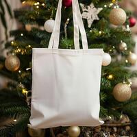 AI generated Christmas Mockup, Plain White Tote Bag in Festive Setting with Christmas Tree photo