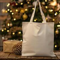 AI generated Festive Tote Bag Mockup, Christmas Tree Background for Holiday Shopping photo