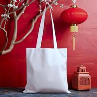 AI generated Festive Tote Bag Mockup, Lunar New Year Setting with Red Paper Lantern photo