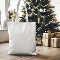 AI generated Christmas Mockup, Plain White Tote Bag in Festive Setting with Christmas Tree photo