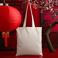 AI generated Chinese New Year Mockup, Plain White Tote Bag with Red Lantern Setting photo