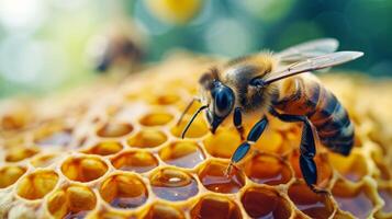 ai generado apicultores tender a su urticaria, coleccionar el líquido oro producido por su industrioso abejas foto