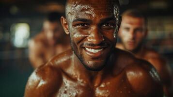 ai generado boxeadores exudando felicidad, sonriente calurosamente mientras mantener su feroz comportamiento foto