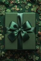 AI generated Green Luxury Gift Box with a Shiny Bow on a Shamrock Background large copyspace area photo