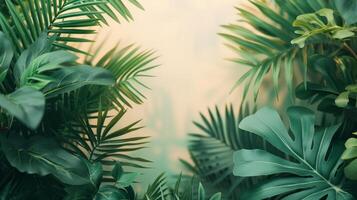 AI generated Clean and minimal backgrounds highlighted by lush tropical foliage photo