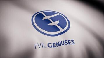 Cybergaming Evil Geniuses flag is waving on transparent background. Close-up of waving flag with Evil Geniuses cybergaming logo, seamless loop. Editorial animation video