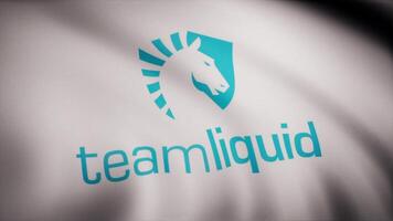 Cybergaming Team Liquid flag is waving on transparent background. Close-up of waving flag with Team Liquid cybergaming logo, seamless loop. Editorial animation video