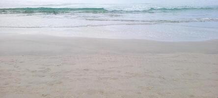 image of beach with white sand and calm sea on sunny day with bathers and surfers on the beach photo