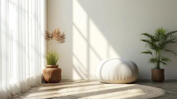 AI generated A simple, geometric pouf complements the clean lines of a modern minimalist interior photo