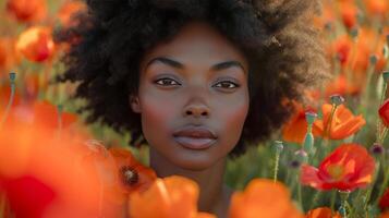 AI generated Joy dances in her eyes as she poses amidst a sea of vibrant poppies photo