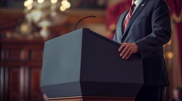 AI generated Images capturing the president delivering a powerful speech to the nation from a grand podium photo