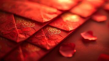 AI generated Close-up photographs of red envelopes filled with money photo