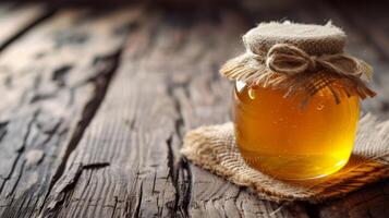 AI generated A jar of honey sits atop a weathered wooden table, evoking a sense of rustic elegance photo