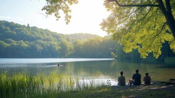 ai generado alegre familias disfrutar orilla del lago picnics, rodeado por tranquilo aguas y verde paisajes foto