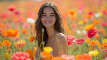 AI generated Joy dances in her eyes as she poses amidst a sea of vibrant poppies photo