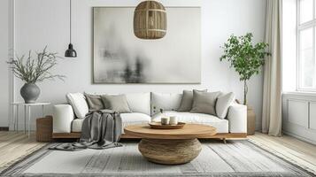 AI generated Clean lines, neutral tones, and cozy textures create a serene and inviting Scandinavian-inspired interior photo