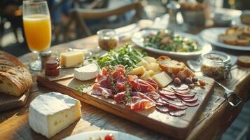 AI generated Sunlit cafe tables feature artfully arranged breakfast boards with artisanal cheeses photo