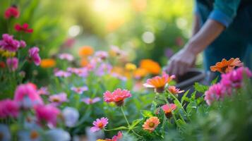 ai generado un jardinero tiende a vibrante flores, cultivando un tapiz de colores y aromas foto