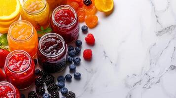 AI generated Simple backgrounds enhanced by jars filled with an array of fruit preserves, radiating freshness and flavor photo