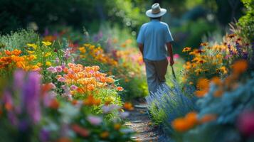 ai generado un jardinero tiende a vibrante flores, cultivando un tapiz de colores y aromas foto