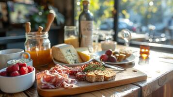 AI generated Sunlit cafe tables feature artfully arranged breakfast boards with artisanal cheeses photo