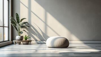 AI generated A simple, geometric pouf complements the clean lines of a modern minimalist interior photo