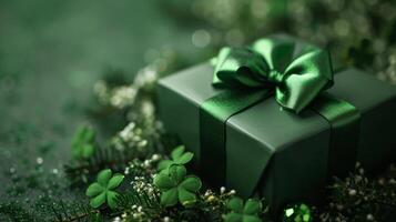 AI generated Green Luxury Gift Box with a Shiny Bow on a Shamrock Background photo