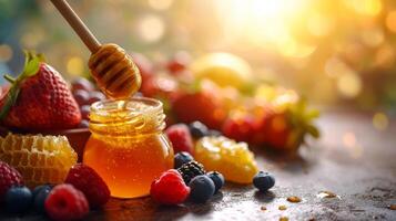 AI generated Honey drizzled over ripe fruits entices with its natural sweetness and nutritional benefits photo