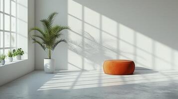 AI generated A simple, geometric pouf complements the clean lines of a modern minimalist interior photo