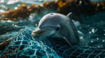 AI generated A Dolphin Caught in a Fishing Net large copyspace area, offcenter composition photo