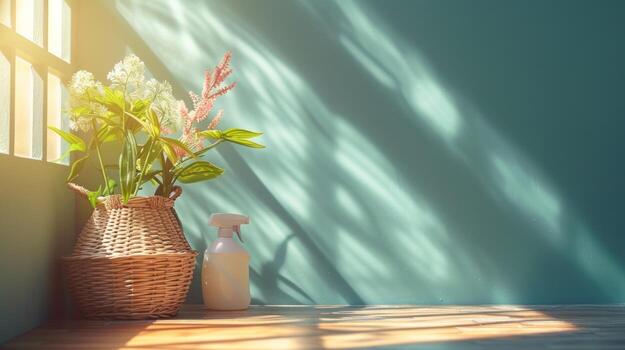 AI generated Clean and uncluttered backdrops enhanced by spring cleaning equipment photo