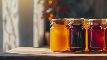 AI generated Minimalistic backdrops featuring jars of assorted jams photo