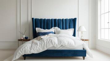 AI generated Velvet beds with clean lines and streamlined silhouettes exude understated elegance in contemporary interiors photo