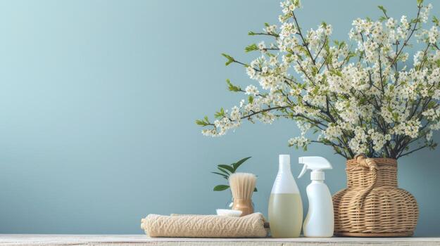 AI generated Clean and uncluttered backdrops enhanced by spring cleaning equipment photo