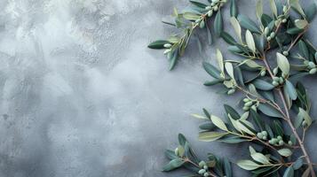 AI generated Wild Olive Branches on a Gray Background large copyspace area photo