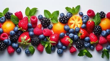 AI generated Minimalist backdrops adorned with vibrant summer berries and fruits photo