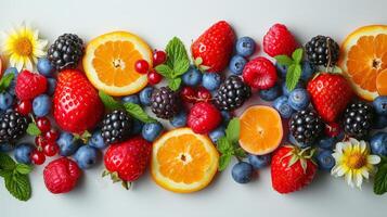 AI generated Minimalist backdrops adorned with vibrant summer berries and fruits photo