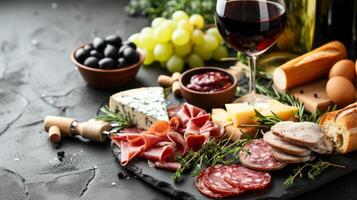 AI generated Sommelier-selected wines complement upscale dinner spreads featuring gourmet cheeses photo