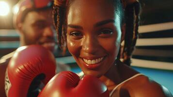 AI generated Athletes in boxing gear, flashing victorious smiles directly at the camera photo