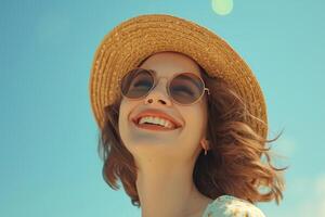 ai generado mujer en Gafas de sol y Paja sombrero riendo playa foto