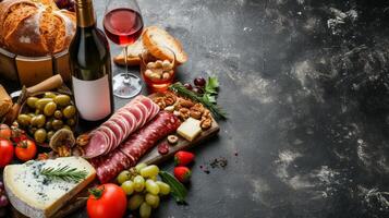 AI generated Sommelier-selected wines complement upscale dinner spreads featuring gourmet cheeses photo