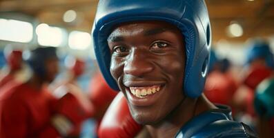 ai generado Atletas en boxeo engranaje, brillante victorioso sonrisas directamente a el cámara foto