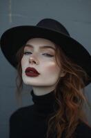 AI generated the woman wears a black hat and dark makeup in an urban setting photo