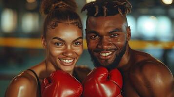 ai generado Atletas en boxeo engranaje, brillante victorioso sonrisas directamente a el cámara foto