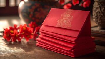 AI generated Close-up photographs of red envelopes filled with money photo