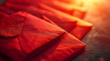 AI generated Close-up photographs of red envelopes filled with money photo
