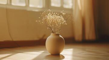AI generated a white wooden vase filled with plants in a room with sunlight photo
