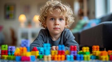 AI generated A three-year-old boy built a house from multi-colored cubes photo