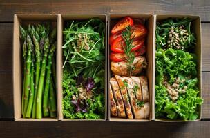 AI generated four boxes of food including asparagus, chicken, and lettuce photo